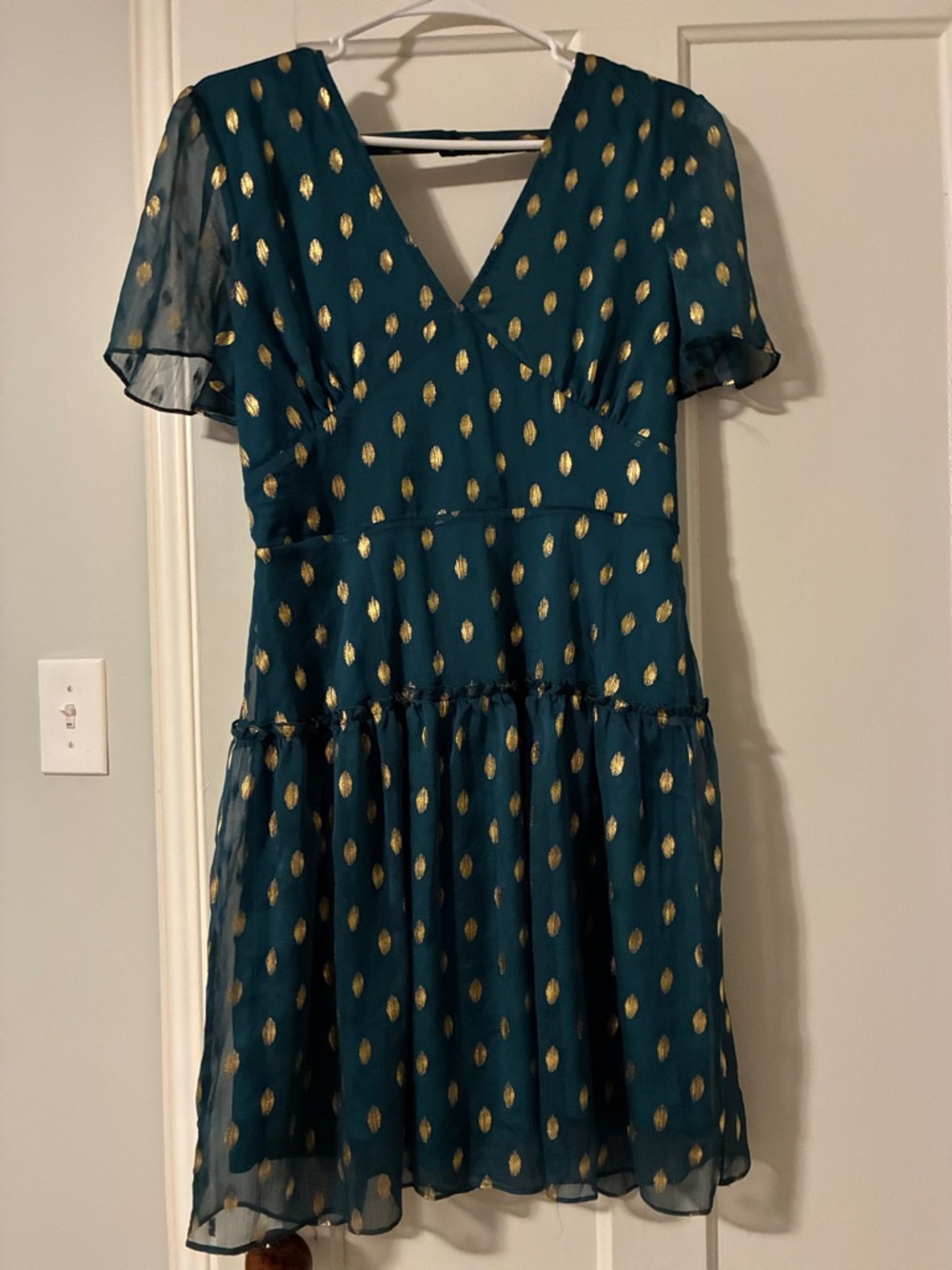 Green Chiffon V-Neck Short Sleeve Dress with Gold Dot Accent